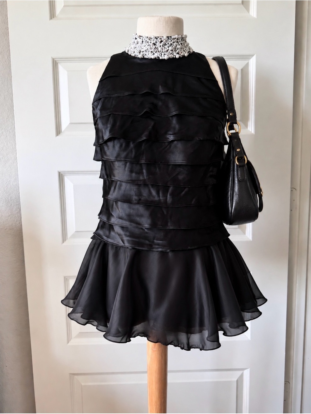 Y2K Cachet Black Satin Pearl & Crystal Embellished Tiered Blouse